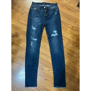 Judy Blue Skinny Fit Distressed Button Fly Jeans Dark Wash Frayed Hem 7/28 82246